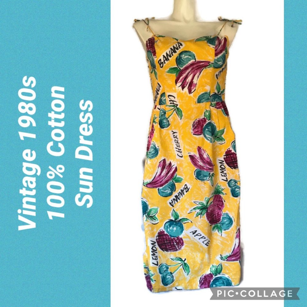 Vintage 80's Yellow Fruit Dress 100% Cotton Sheath Midi Summer Dress Size S / M